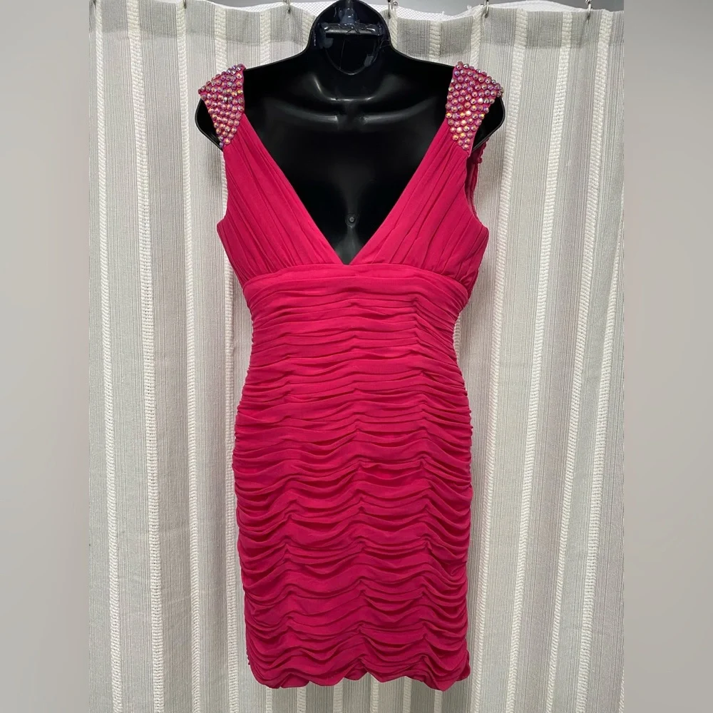 Hot Pink & Iridescent Beads Sleeveless Rouched Bodycon Homecoming Prom Dress S/M